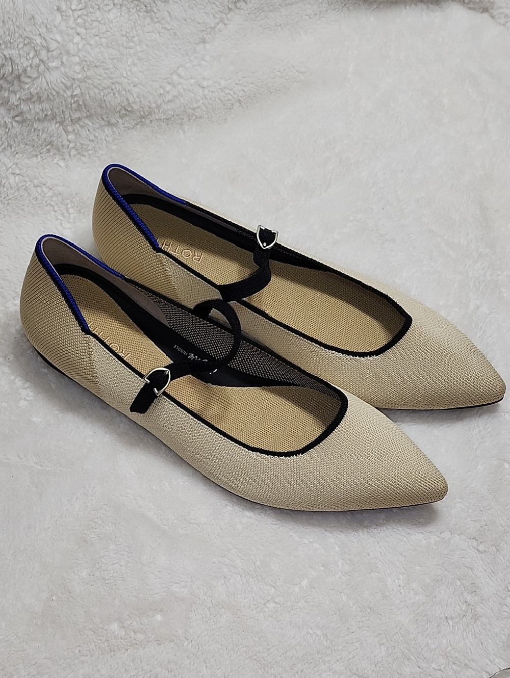 Rothy's The Point Mary Jane II flats beige/sandstone color black strap Sz 13 - Picture 3 of 16